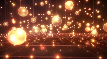 Obraz premium Golden spheres cascade over a gridded digital space