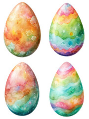 Colorful watercolor eggs, festive spring designs, vibrant patterns, artistic illustrations, Easter decoration concept.