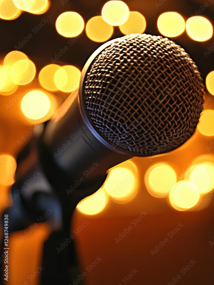 Leinwandbilder close up of a microphone ready for performance with glowing lights in the background during evening 