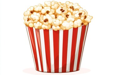 Buttery popcorn in striped bucket, isolated, movie snack