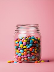 Candy Jar Delight: A mason jar overflowing with a delightful assortment of colorful candies against a vibrant pink background. Perfect for designs evoking fun, happiness, and sweetness.  