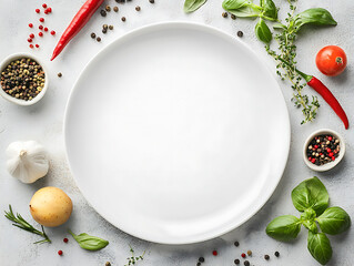 Empty white plate on herbs background