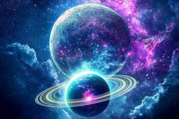 Fototapeta premium Two Planets Connected by Glowing Energy Streams in a Vibrant Cosmic Scene