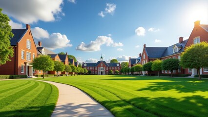 Naklejka premium Campus quad, Sunny blue sky over university campus with walking paths.