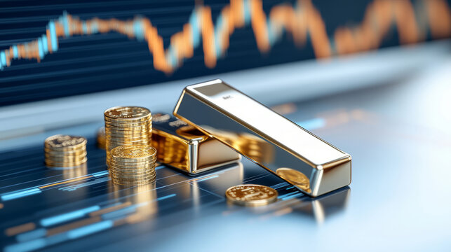 Golden bars and coins resting on a financial chart, showcasing the value of precious metals in investment and trading markets