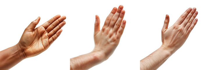 Three Isolated Hands Clapping on a White Background Showcasing Different Skin Tones and Hand Positions