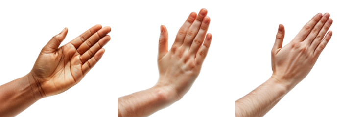 Three Isolated Hands Clapping on a White Background Showcasing Different Skin Tones and Hand Positions