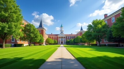 Fototapeta premium Campus quad, Sunny blue sky over university campus with walking paths.
