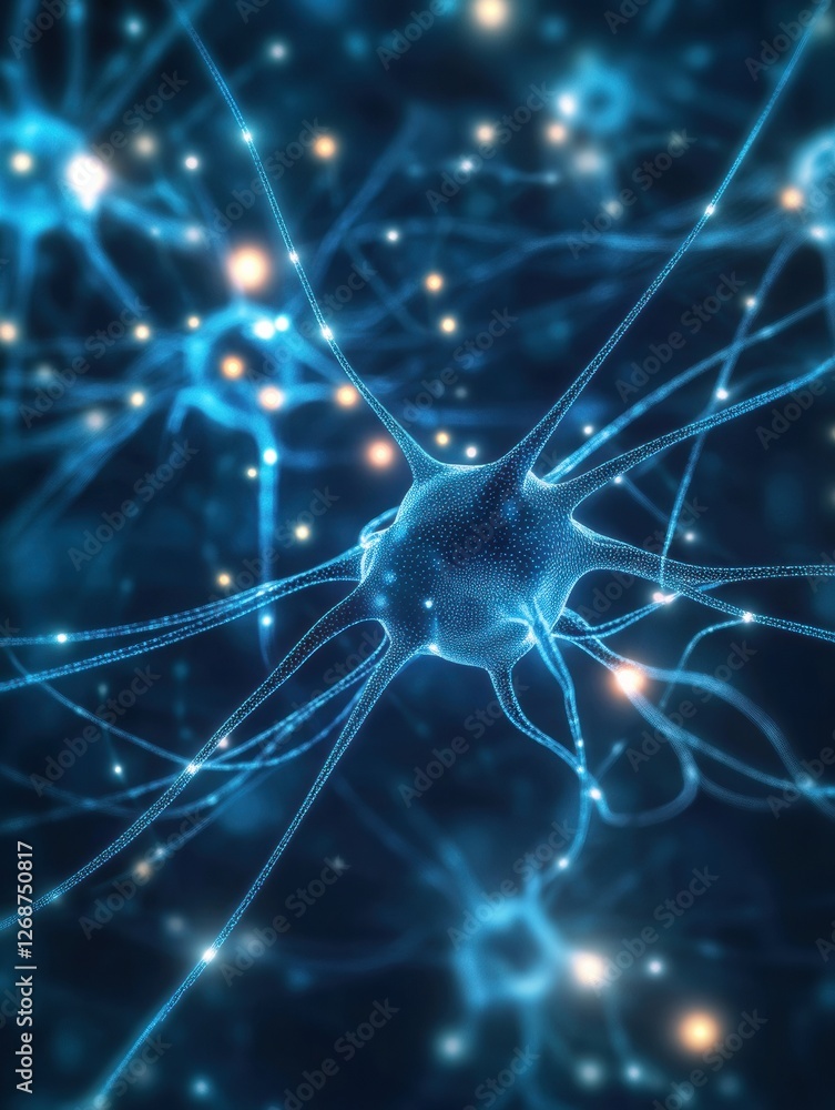 Poster Visualization of neurons interconnected in a blue abstract pattern representing brain activity and neural networks. Generative AI
