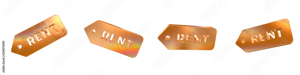 Poster set of 4 3d rent solid label shapes with golden and rainbow effects isolated on a transparent backgr