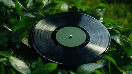 A black vinyl record rests amidst vibrant green leaves, blending nature with music in a striking visual contrast.