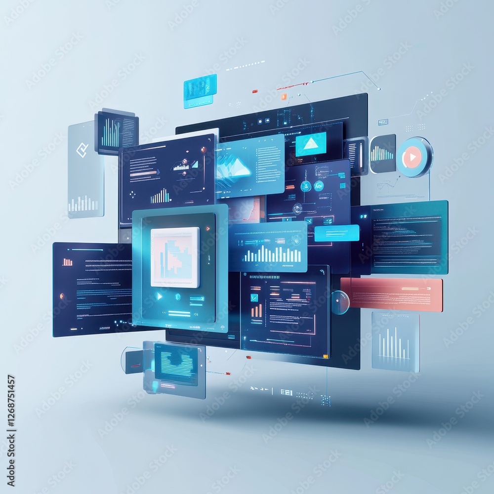 Poster a modern digital interface displays various data visualizations and analytics, showcasing a futurist