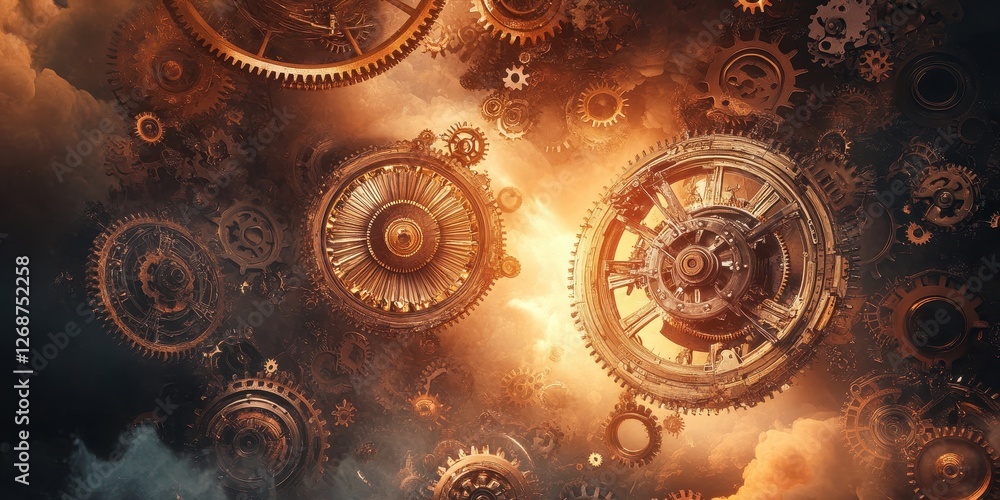 Poster golden gears and cogs floating in a nebula like scene