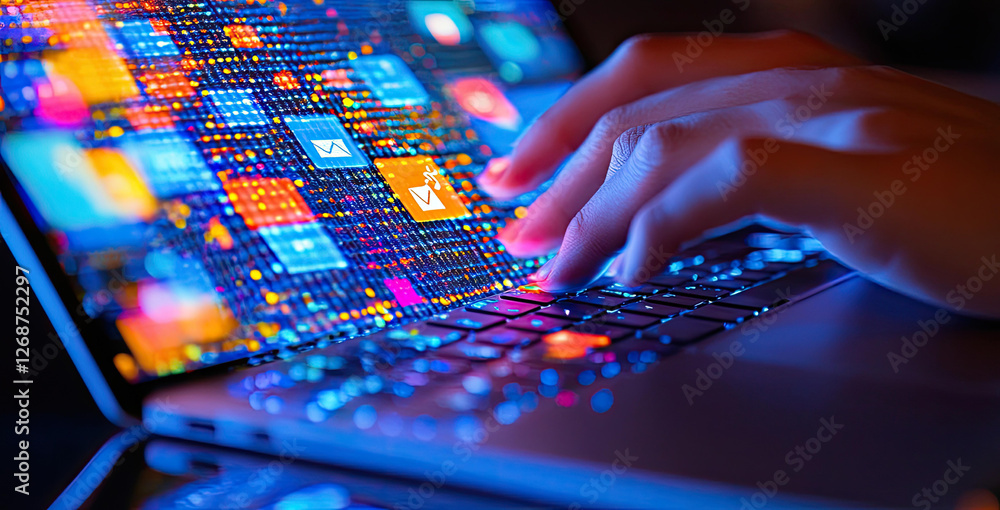Poster closeup of hands typing on laptop with vibrant colorful data display