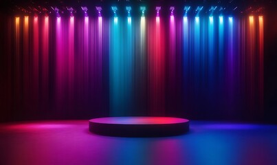 A stage, podium with colorful lighting beams creating an artistic atmosphere.  Intricate design and vivid colors evoke excitement and anticipation