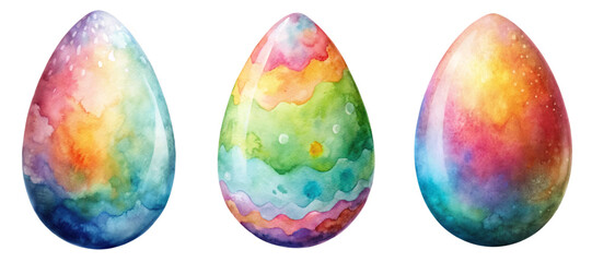 Colorful watercolor eggs, vibrant artistic design, Easter decoration, festive spring theme, hand-painted style.