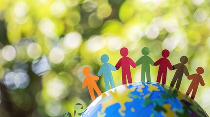 Colorful paper people holding hands on top of the globe, symbolizing global unity and diversity for World Human Rights Day. Emphasizing human peace across borders with a blurred greenery background.