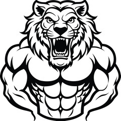 Line Art Bold Fitness T-shirt Design with Roaring Lion, Roaring Lion Line Art Tee, Bold Fitness Lion Graphic Shirt, Line Art Strength Lion T-shirt
