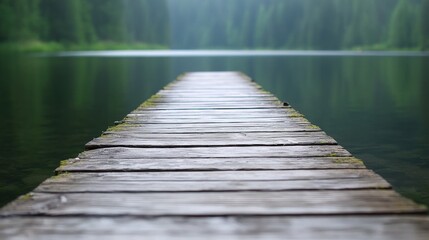 Fototapeta premium A wooden dock extends into a calm lake, surrounded by lush green trees.