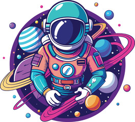 Futuristic T-shirt Design with Detailed Astronaut Floating in Space, Neon Planets, and Galaxies in Retro-Wave Color Scheme, Retro-Futuristic Space Tee, Neon Astronaut Galaxy Shirt, Detailed Space  