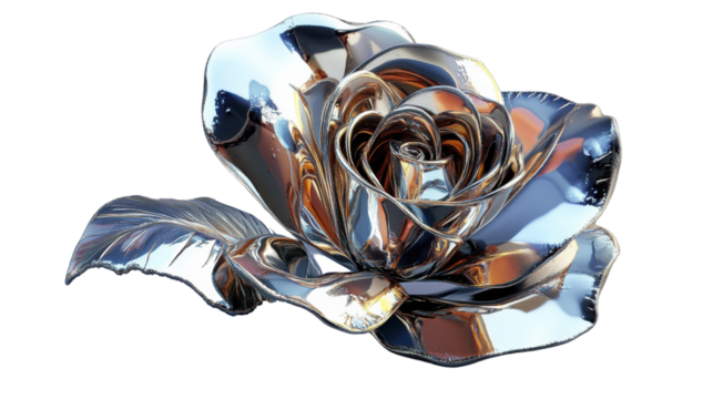 Shiny metallic rose blooming with transparent background