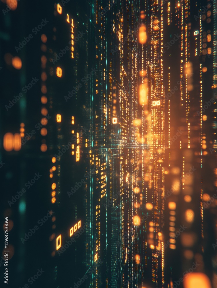 Fototapete Digital matrix streams create a futuristic illusion of depth and movement in a technological landscape at night. Generative AI