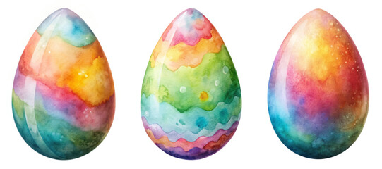 Colorful watercolor eggs, vibrant hues, artistic design, festive decoration, spring theme, creative illustration.
