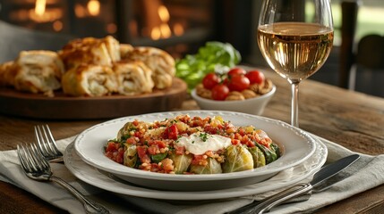 A beautifully arranged plate of pasta with wine, bread, and cherry tomatoes on a rustic table.