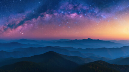 Night landscape with colorful milky way and yellow light on mountains Starry sky with hills