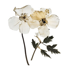 Dried flowers with white petals and green leaves arranged against a white background showcasing nature's delicate beauty