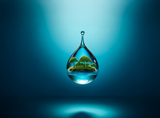 Fototapeta premium A pristine water drop reflects a miniature landscape. Lush trees and greenery are visible within the droplet against a gradient blue backdrop.