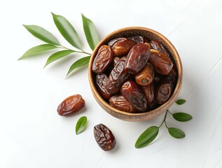 Dates in bowl isolated on white background with shadow. Bowl full of dates top view. bowl with date fruit flat lay. organic, healthy, vegan, vegetarian dates full of vitamins