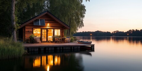 Obraz premium Tranquil lakeside retreat at dusk with warm lights illuminating a cozy cabin and gentle reflections on calm waters. Generative AI