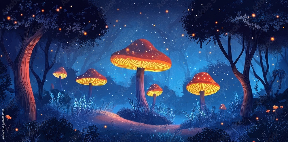 Sticker Luminous mushrooms illuminate a magical forest at twilight hour