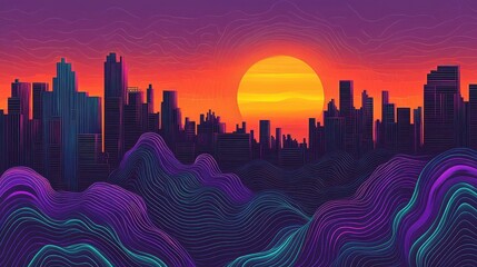 Fototapeta premium Futuristic city silhouette at sunset with abstract landscape design