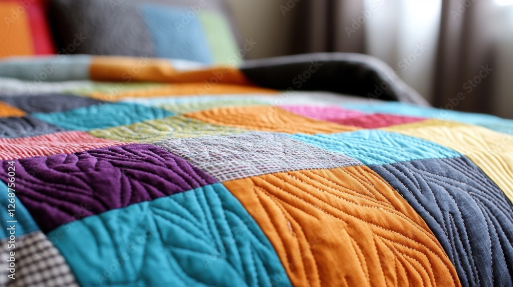 Poster A colorful patchwork quilt with a variety of fabrics and patterns.