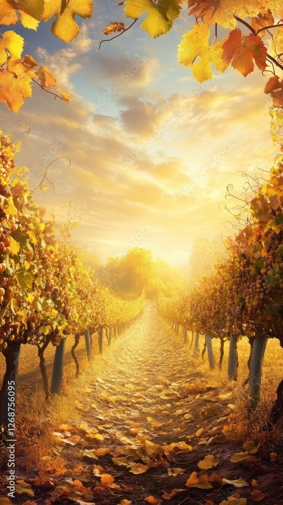 Aufkleber vineyard at sunset with golden leaves and a serene path through lush grapevines in autumn