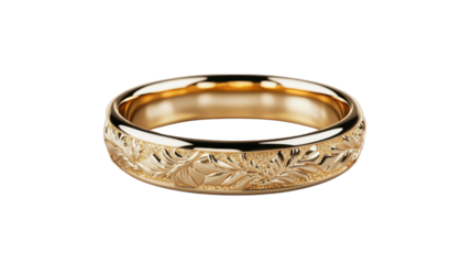 Golden ring exhibiting hawaiian style floral engraving on transparent background