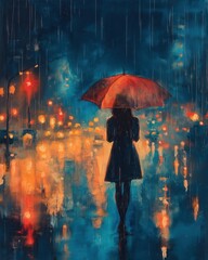 Watercolor, woman with umbrella in the rain, in an urban nightscape.