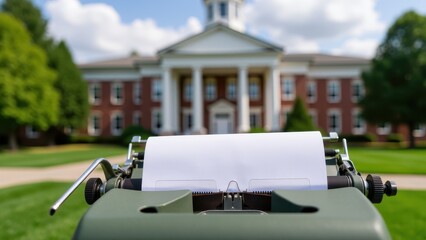 College Admissions, Typewriter with acceptance letter in front of a modern campus building.