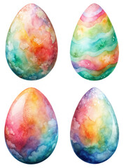 Colorful watercolor eggs, vibrant pastel hues, artistic egg designs, festive decoration, spring celebration, creative artwork.