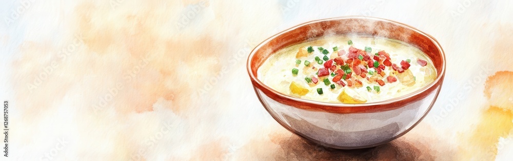 Poster close-up view of creamy soup garnished with vegetables and herbs in a rustic bowl on a soft watercol