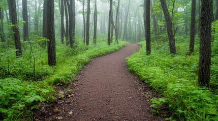 Obraz premium Serene Forest Path Winding Through Lush Green Undergrowth on a Misty Morning