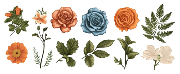 Colorful floral illustration featuring a variety of flowers and leaves arranged in a vibrant, nature-inspired design