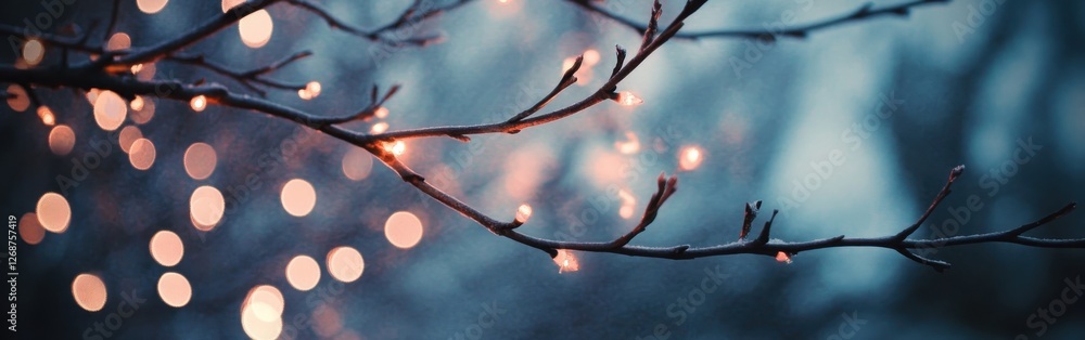 Poster soft sky blue and blush pink bokeh lights illuminate delicate branches during twilight hours in a tr