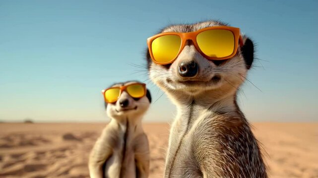 Two small mammals wearing orange sunglasses with yellow lenses in a desert setting under a bright blue sky