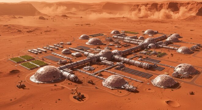 Mars Colony Base on Red Planet Surface with Habitat Domes