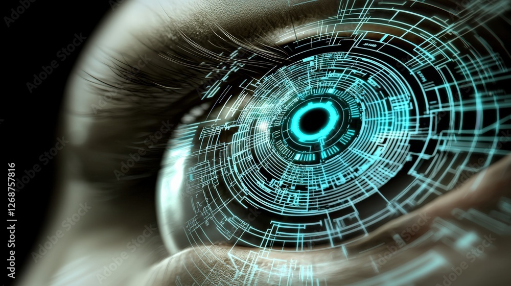 Poster futuristic eye technology sci-fi environment digital art abstract imagery close-up view visualizing 