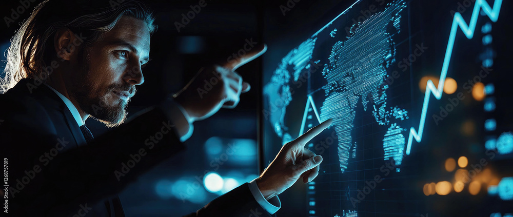 Poster a man interacts with a global financial data visualization display showing an upward trend