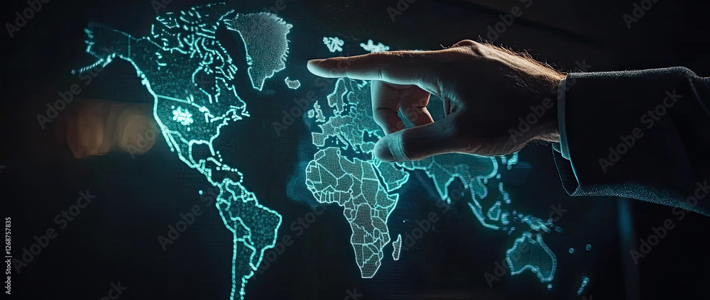 Poster a hand interacts with a digital world map showcasing global connectivity and network visualization